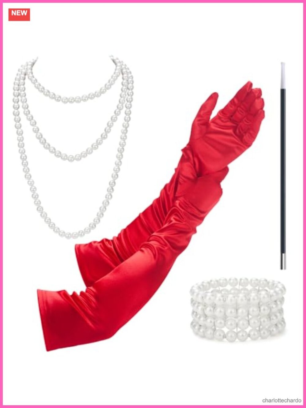 1920s Costume Accessories Set Red Satin Gloves Long Faux Pearl Necklace Bracelet